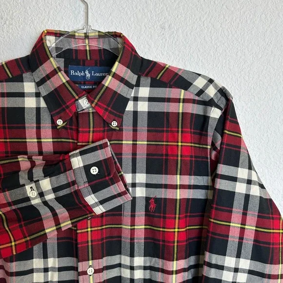 Vintage 90s Ralph Lauren Mens S Classic Fit Plaid Button Down Shirt Red PONY - Picture 1 of 7